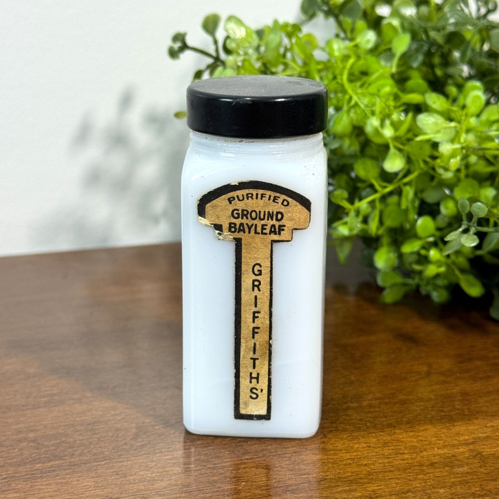 Vintage Griffiths Milk Glass Spice Jar Ground Bayleaf 3.5" Tall Black Lid